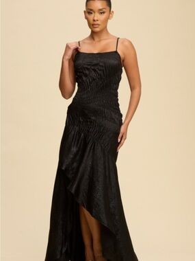 NWT Black Metallic High-Low Ruched Adjustable straps Dress